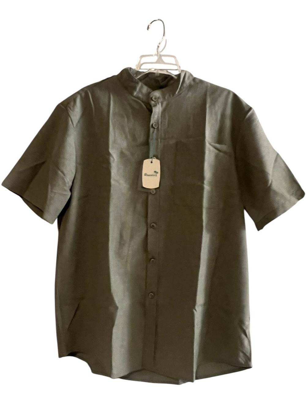 NWT Royaura Hawaiian Short Sleeve Band Collar Shirt Grey Green Medium